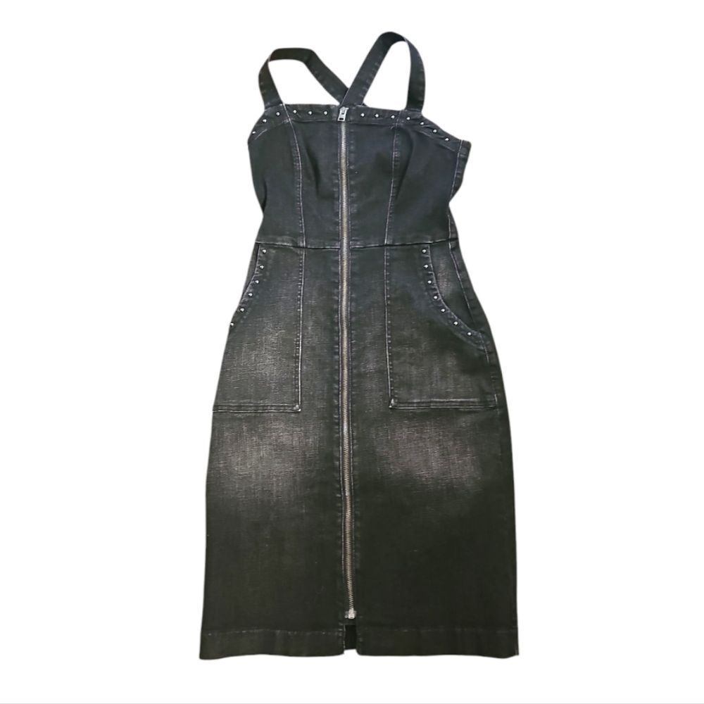 Level 99 Black Denim Overall Dress with‎ Studded Details Size XS